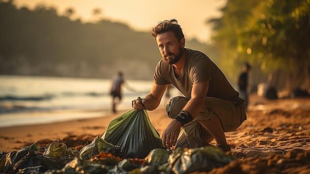 Man picking up rubbish on the beach as a volunteer Ecology idea GENERATE AI