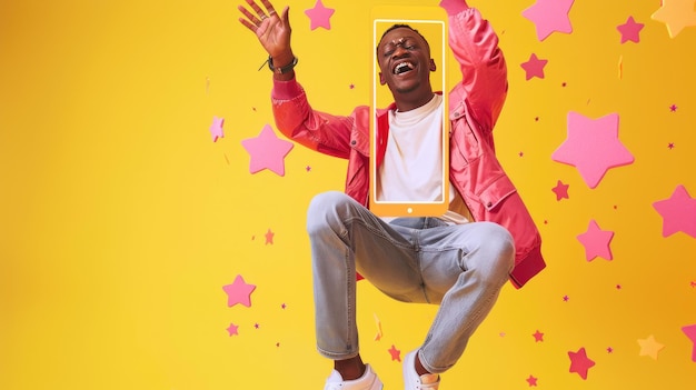 Man in Pink Jacket Jumping with a Phone Frame Around His Head