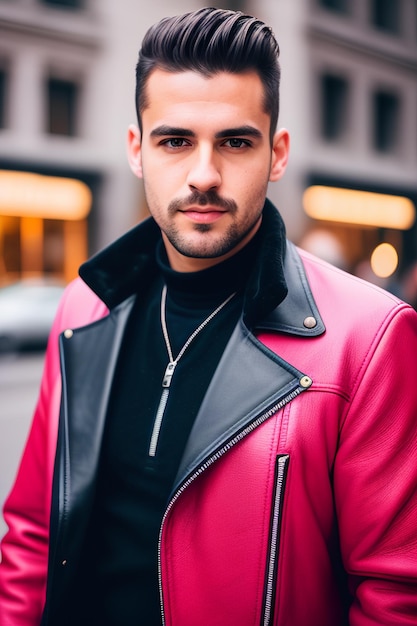 A man in a pink leather jacket stands in front of a building.