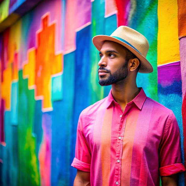 a man in a pink shirt and a colorful shirt stands in front of a colorful wall with colorful designs