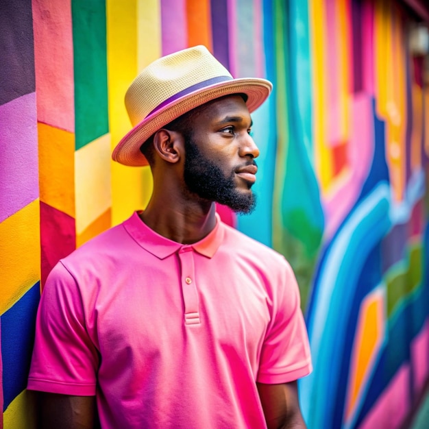 a man in a pink shirt and a pink shirt stands in front of a colorful wall with a rainbow colored bac