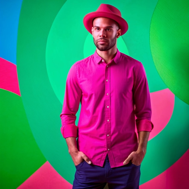 a man in a pink shirt stands in front of a colorful background