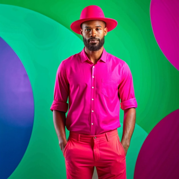 a man in a pink shirt stands in front of a green background with a pink hat on