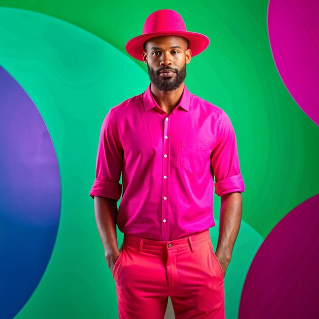 Photo a man in a pink shirt stands in front of a green background with a pink hat on