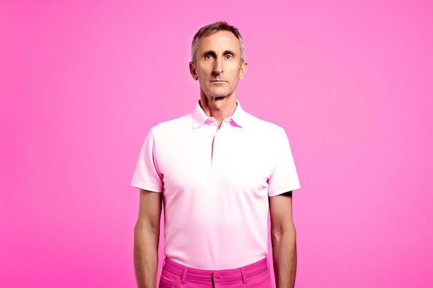 A man in a pink shirt stands in front of a pink background.