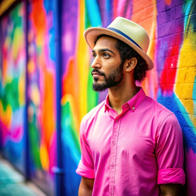 a man in a pink shirt stands in front of a wall with a colorful wall behind him