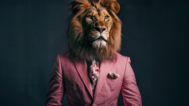 Photo a man in a pink suit is wearing a lion39s head as a costume