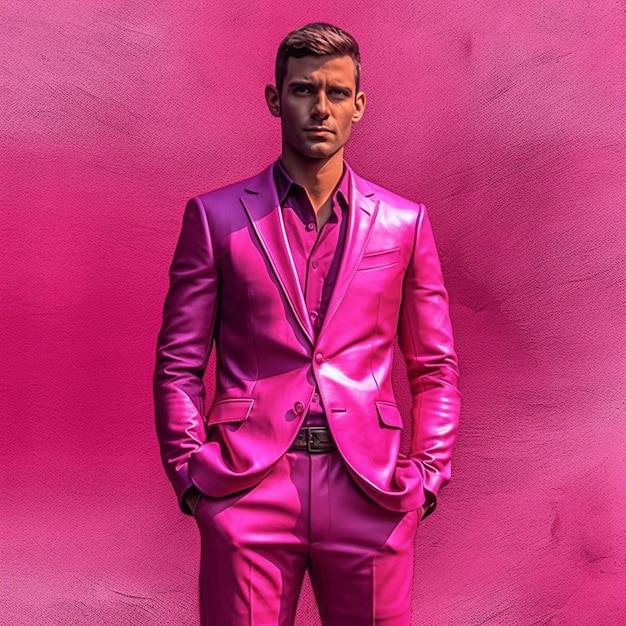 A man in a pink suit stands in front of a pink backdrop.