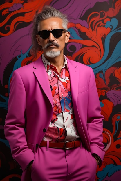 Man in pink suit and sunglasses standing in front of colorful wall Generative AI