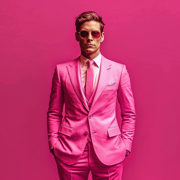 A man in a pink suit and sunglasses stands in front of a bright pink background.