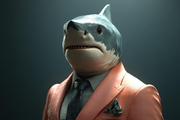 A man in a pink suit and tie with a shark head on his face The image has a playful and humorous mood