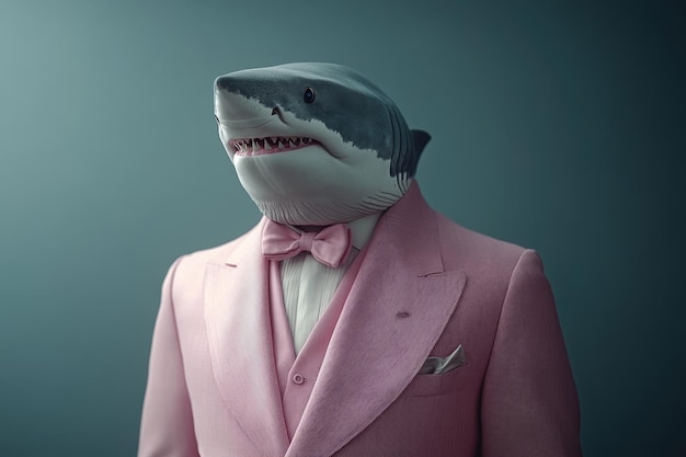 Photo a man in a pink suit and tie with a shark head on his face the image has a playful and humorous mood