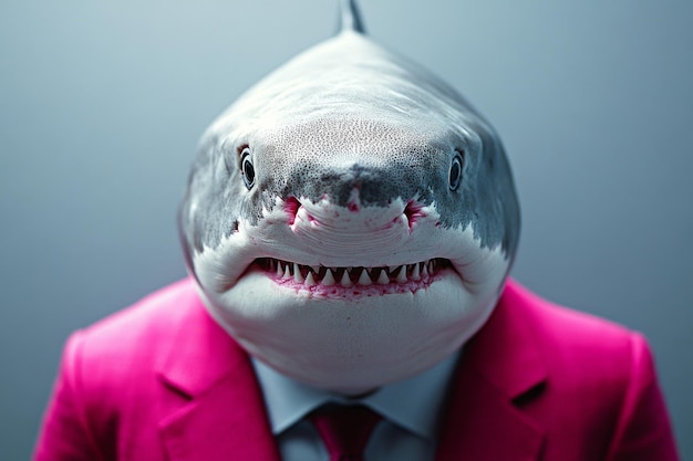 A man in a pink suit and tie with a shark head on his face The image has a playful and humorous mood