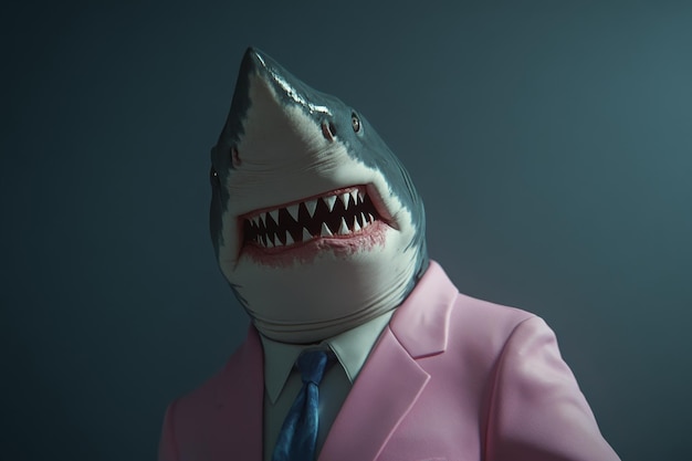 A man in a pink suit and tie with a shark head on his face The image has a playful and humorous mood