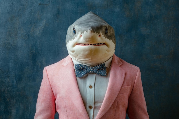 A man in a pink suit and tie with a shark head on his face The image has a playful and humorous mood