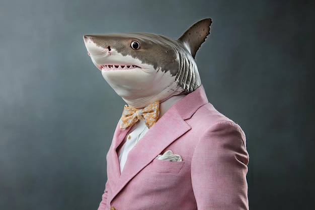 A man in a pink suit and tie with a shark head on his face The image has a playful and humorous mood