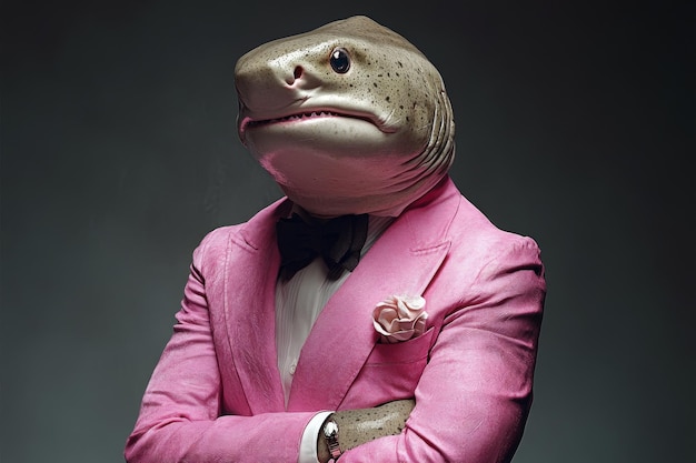 A man in a pink suit and tie with a shark head on his face The image has a playful and humorous mood