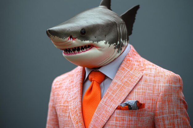 Photo a man in a pink suit and tie with a shark head on his face the image has a playful and humorous mood