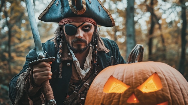 Photo man in pirate costume by carved pumpkin in forest