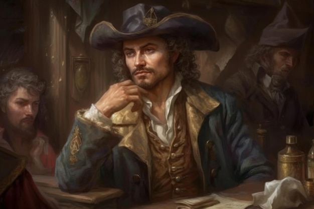 A man in a pirate costume sits at a table with a notepad on it.