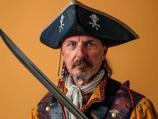 Photo a man in a pirate costume with a sword and a pirate on it