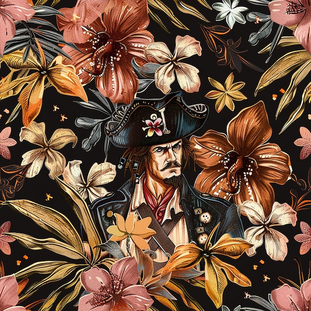 Photo a man in a pirate suit is surrounded by flowers