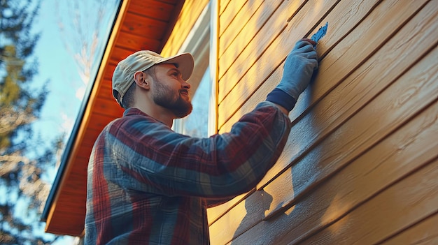 A Man in a Plaid Shirt Applying Stain to Wood Siding