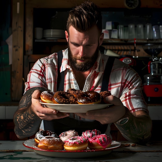 a man in a plaid shirt is holding a plate of donuts