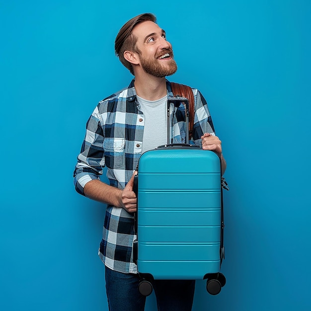 Photo a man in a plaid shirt is holding a suitcase