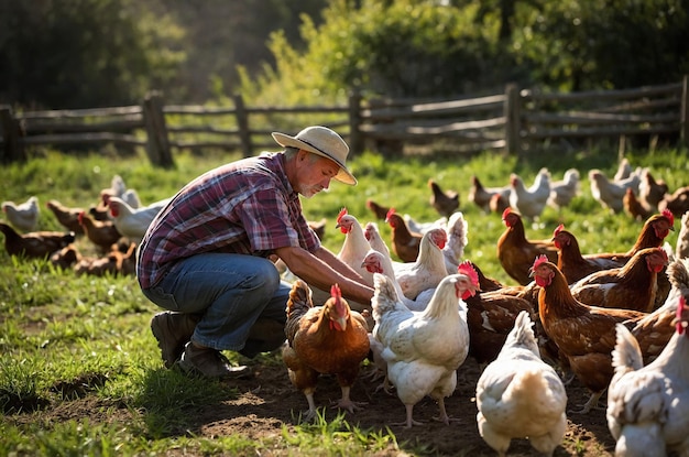 a man in a plaid shirt is kneeling in front of a group of chickens