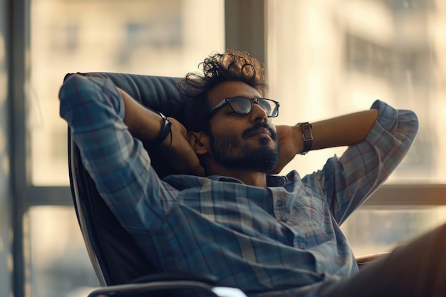 A man in a plaid shirt is relaxing in a chair