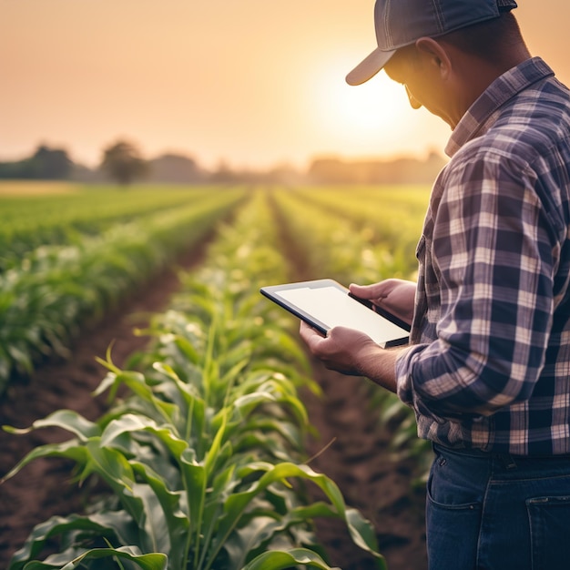 a man in a plaid shirt is using a tablet in a corn field