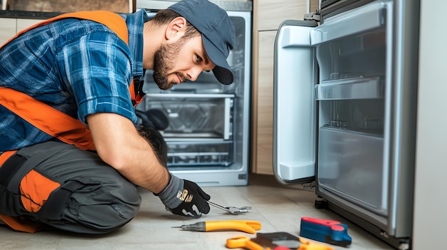 Photo a man in a plaid shirt and overalls fixes a refrigerator