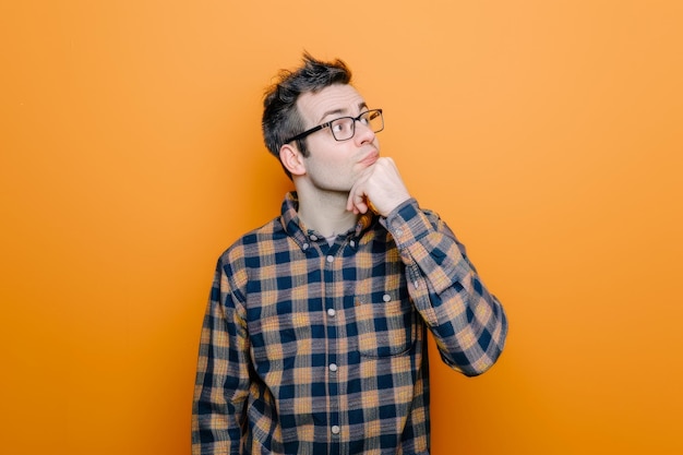 Photo a man in a plaid shirt with his hand on his chin