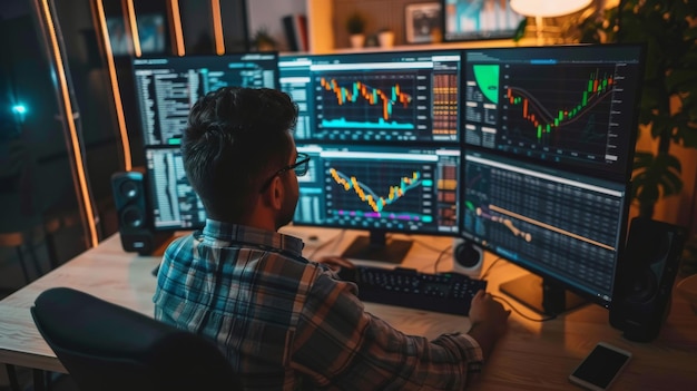 A man in a plaid shirt works at a desk with multiple monitors displaying various financial charts and stock data