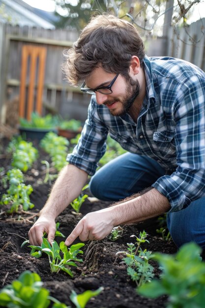 man planting herbs or vegetables in a small backyard garden ai generated