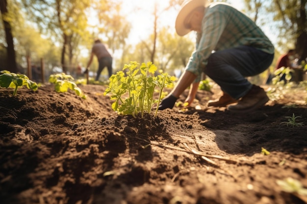 A man planting a tomato plant in a garden