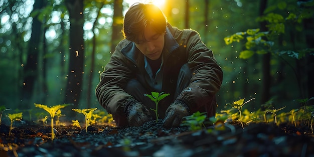 Man planting trees in a lush forest surrounded by young seedlings promoting sustainable reforestation efforts Concept Sustainable Reforestation Tree Planting Lush Forest Young Seedlings