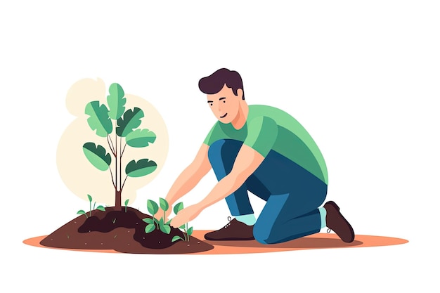 man planting trees plants and flowers Cartoon flat vector illustration