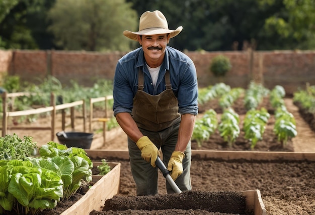 A man planting vegetables in a home garden hes wearing a hat and using a trowel