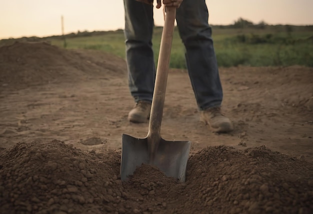 Photo a man plants a tree hands with a shovel digs the earth nature environment and ecology dug hole