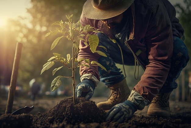 A man plants a tree sprout in the soil