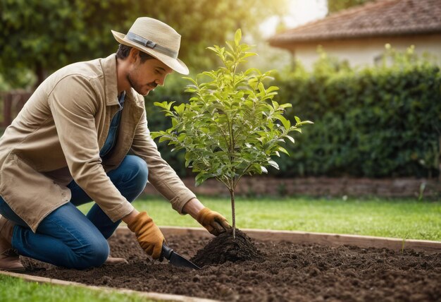 A man plants a young tree in his backyard contributing to the environment and greenery around his