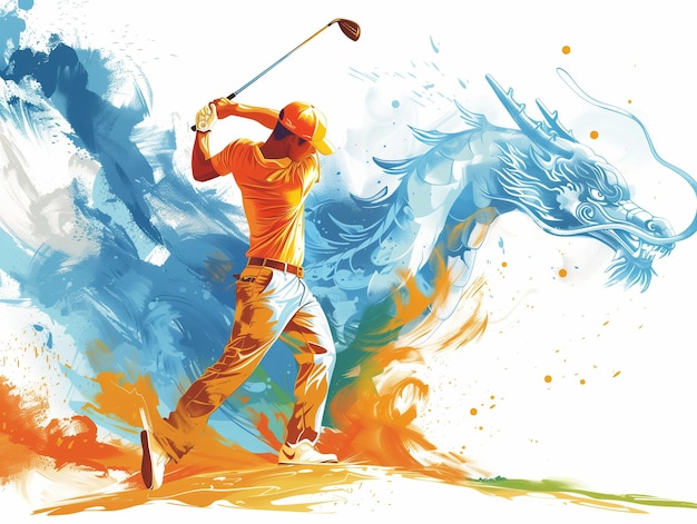 a man play golfhappyfull body wear hatsmokegolflogo dragonvector illustration white backgr