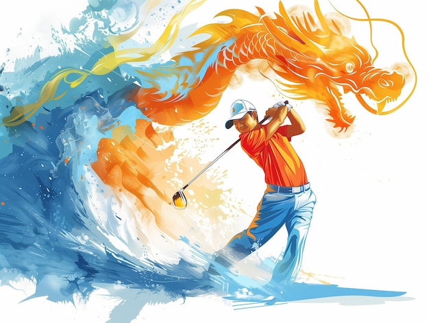 a man play golfhappyfull body wear hatsmokegolflogo dragonvector illustration