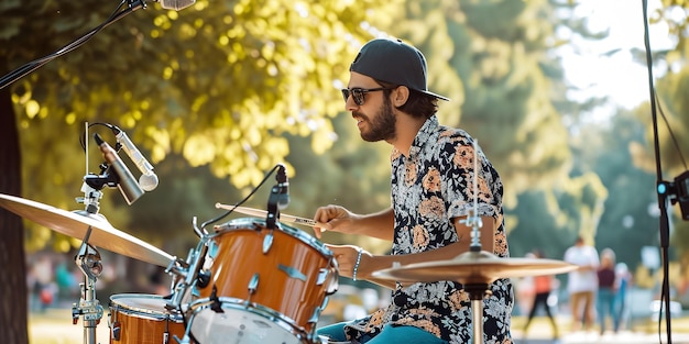 Man playin drums at party in the park