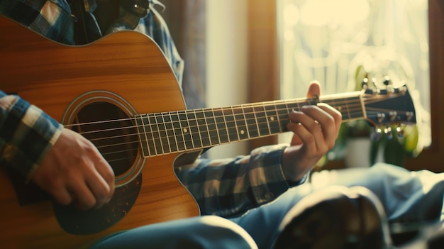 Man playing acoustic guitar covering online course AI generated