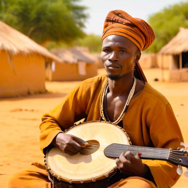 a man playing a banjo in front of a hut