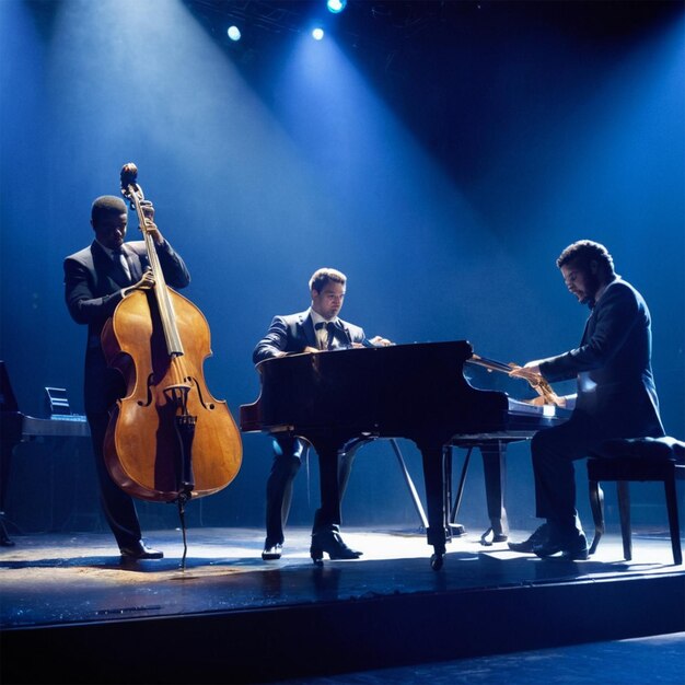 Photo a man playing a cello and a cello on a stage