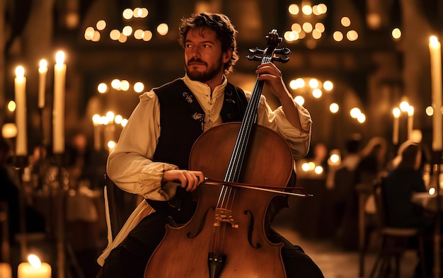 a man playing a cello in a dark room